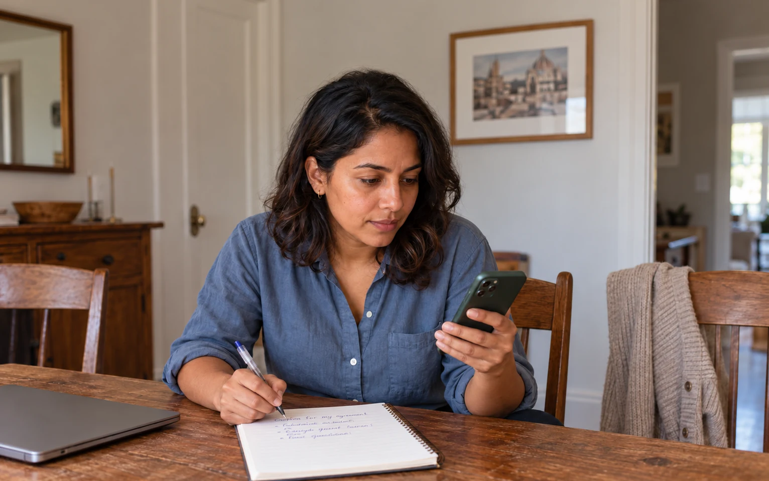 A woman checking her phone while writing appointment questions in a notebook, with a closed laptop beside her.