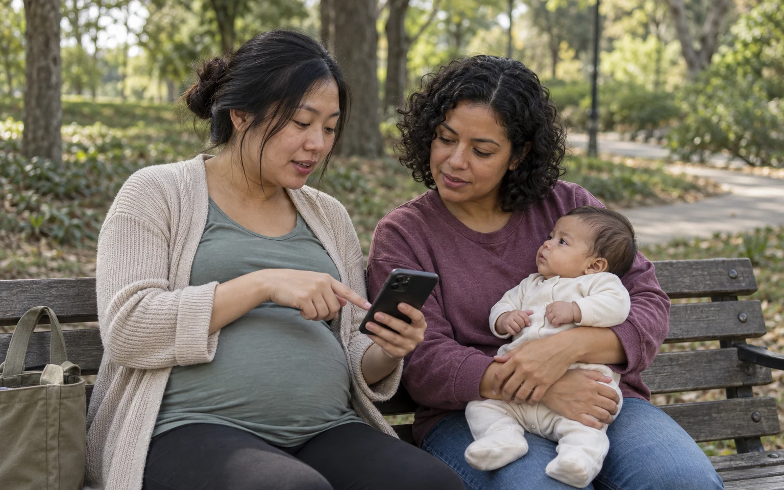 A pregnant woman showing her phone to a friend holding a baby as they sit together on a park bench.