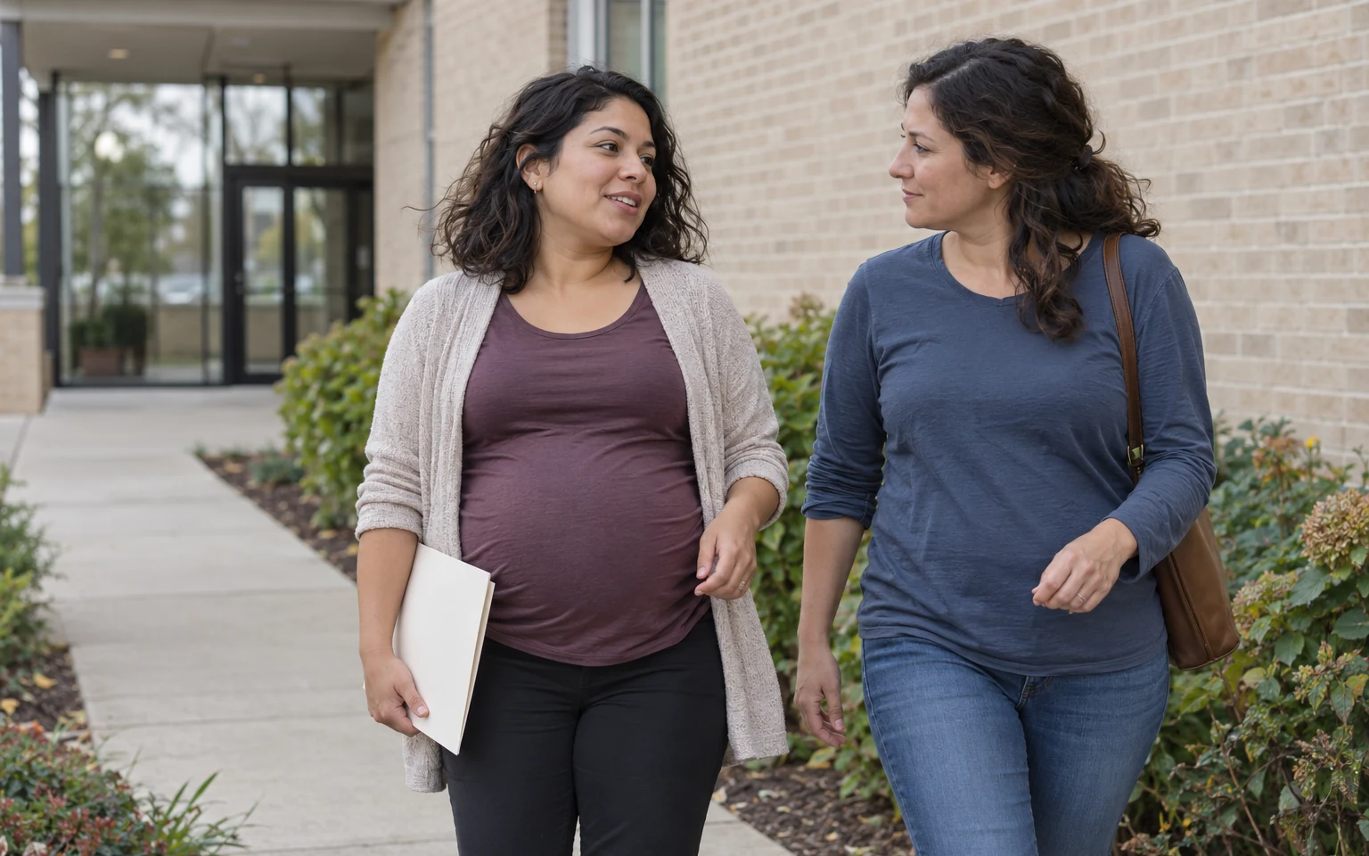 A pregnant woman carrying a folder while walking and talking with a friend.