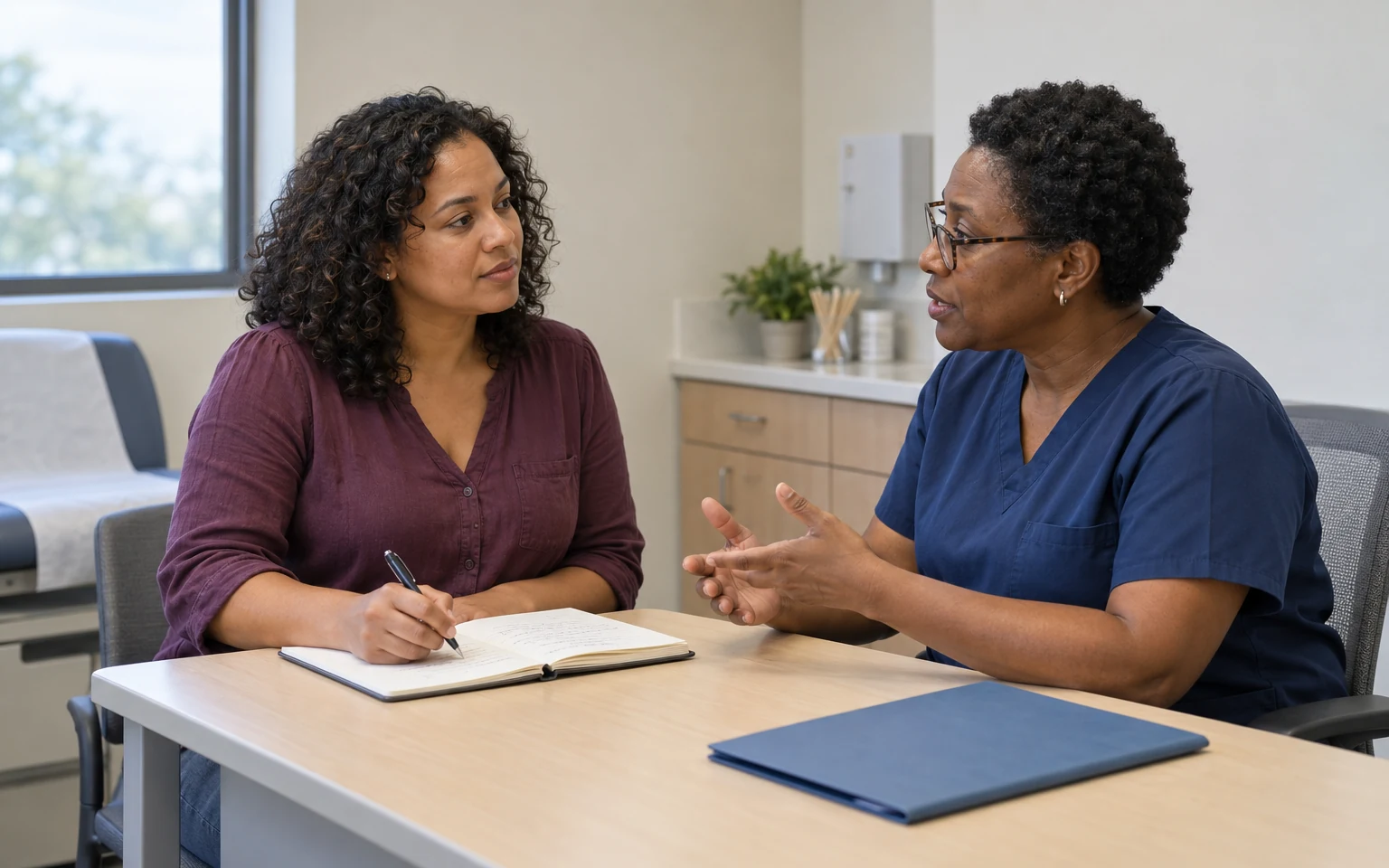 A woman discussing questions with a clinician while holding a pen over an open notebook.