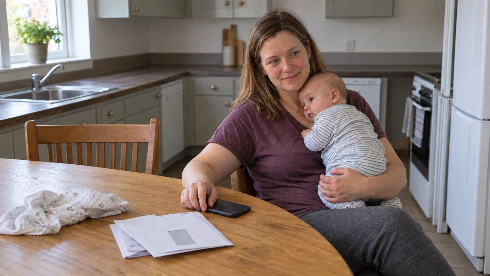A mother holding her baby at a kitchen table, with a phone and envelopes nearby.