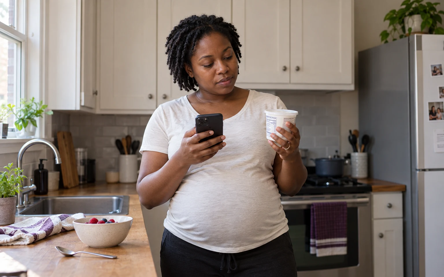 A pregnant woman checking a food label alongside her phone while preparing a snack in her kitchen.
