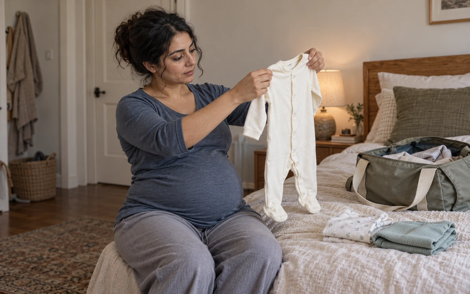 A pregnant woman choosing a newborn sleepsuit beside a small set of baby clothes and an overnight bag.