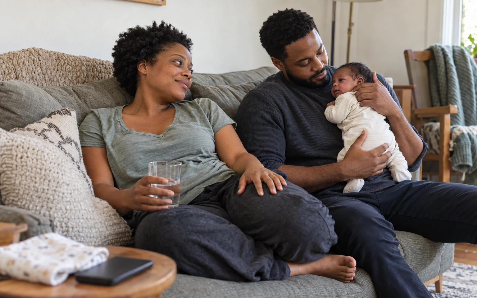 A mother resting with a glass of water while her partner holds their baby on the sofa.