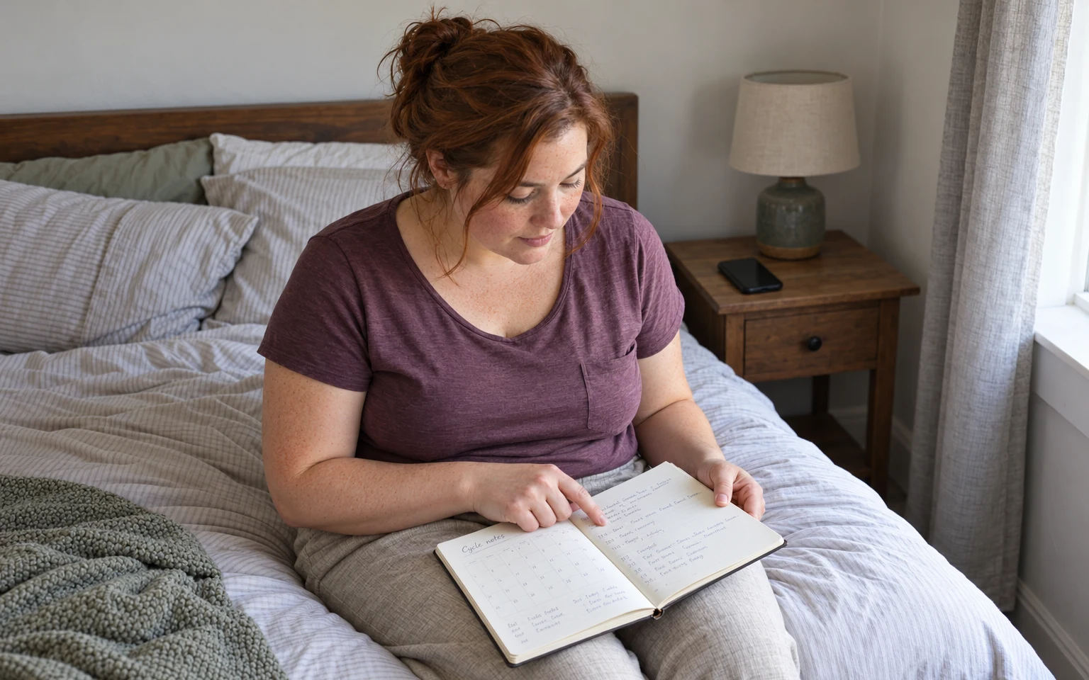A woman reviewing handwritten cycle notes in an open journal while seated on her bed.
