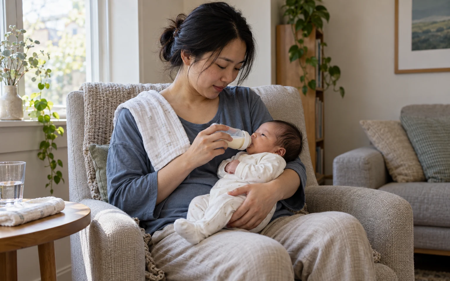 A mother bottle-feeding her newborn while seated in an armchair at home.