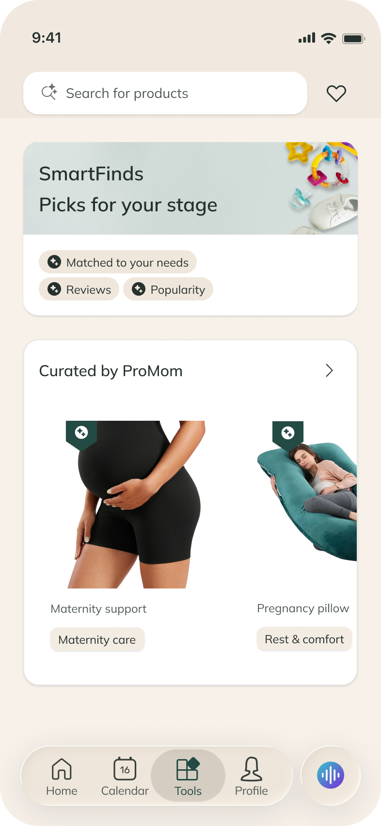 SmartFinds product picks labeled Curated by ProMom, with maternity support and pregnancy pillow examples.