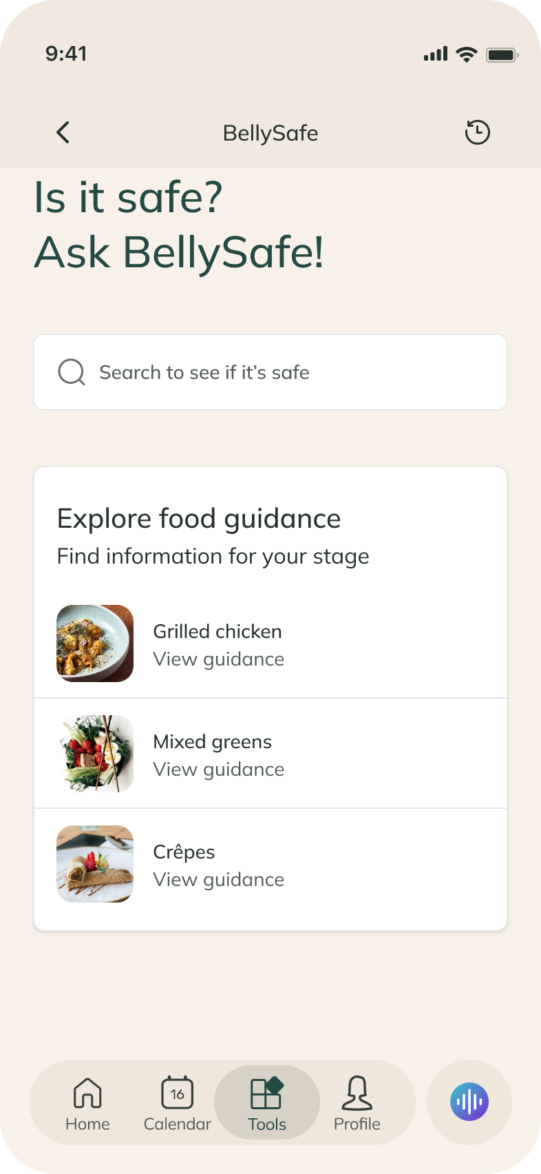 BellySafe food search and guidance overview, with example foods and Tools navigation.
