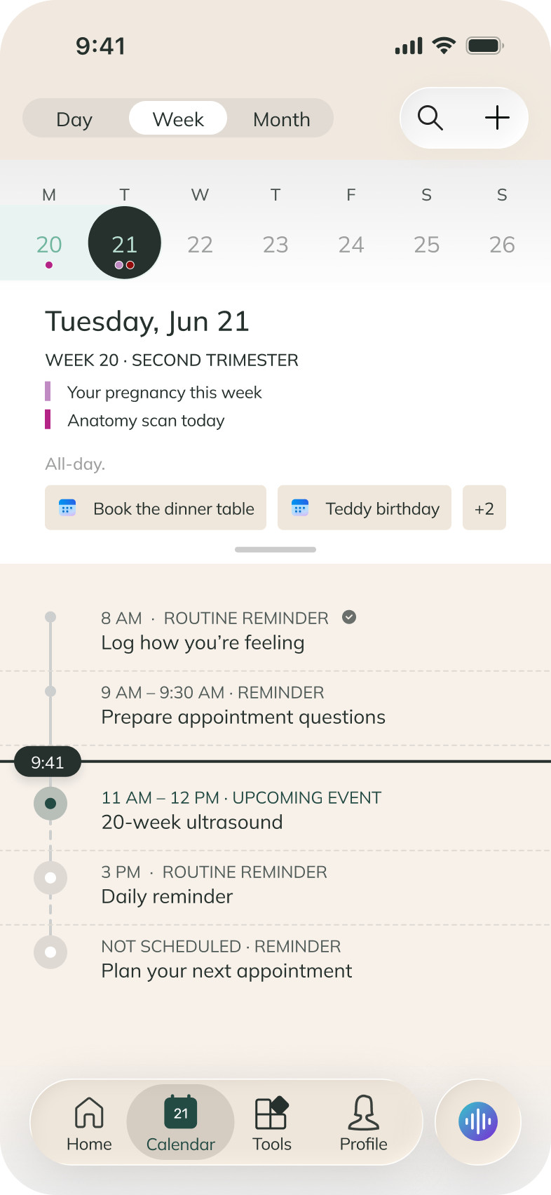 Smart Calendar pregnancy week view with appointments, reminders and a 20-week ultrasound.