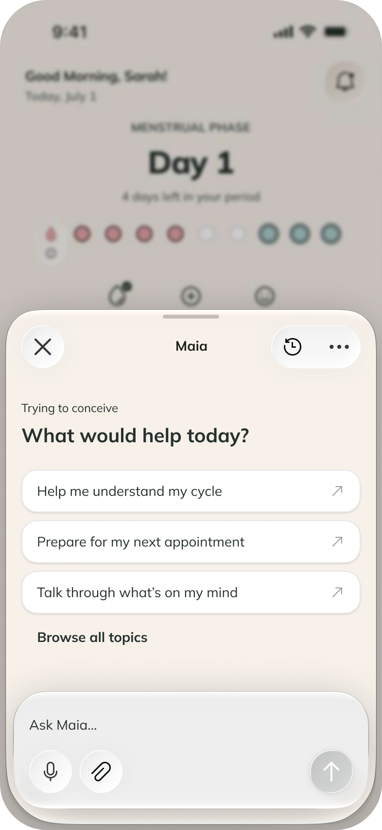 Maia starter bottom sheet over the TTC dashboard, with suggested questions and a field for typing or dictating.