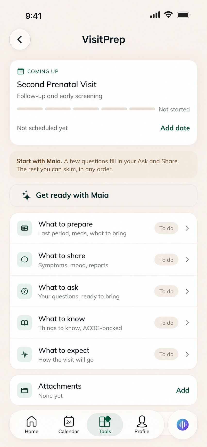 VisitPrep preparation checklist with sections for what to prepare, share, ask, know and expect.