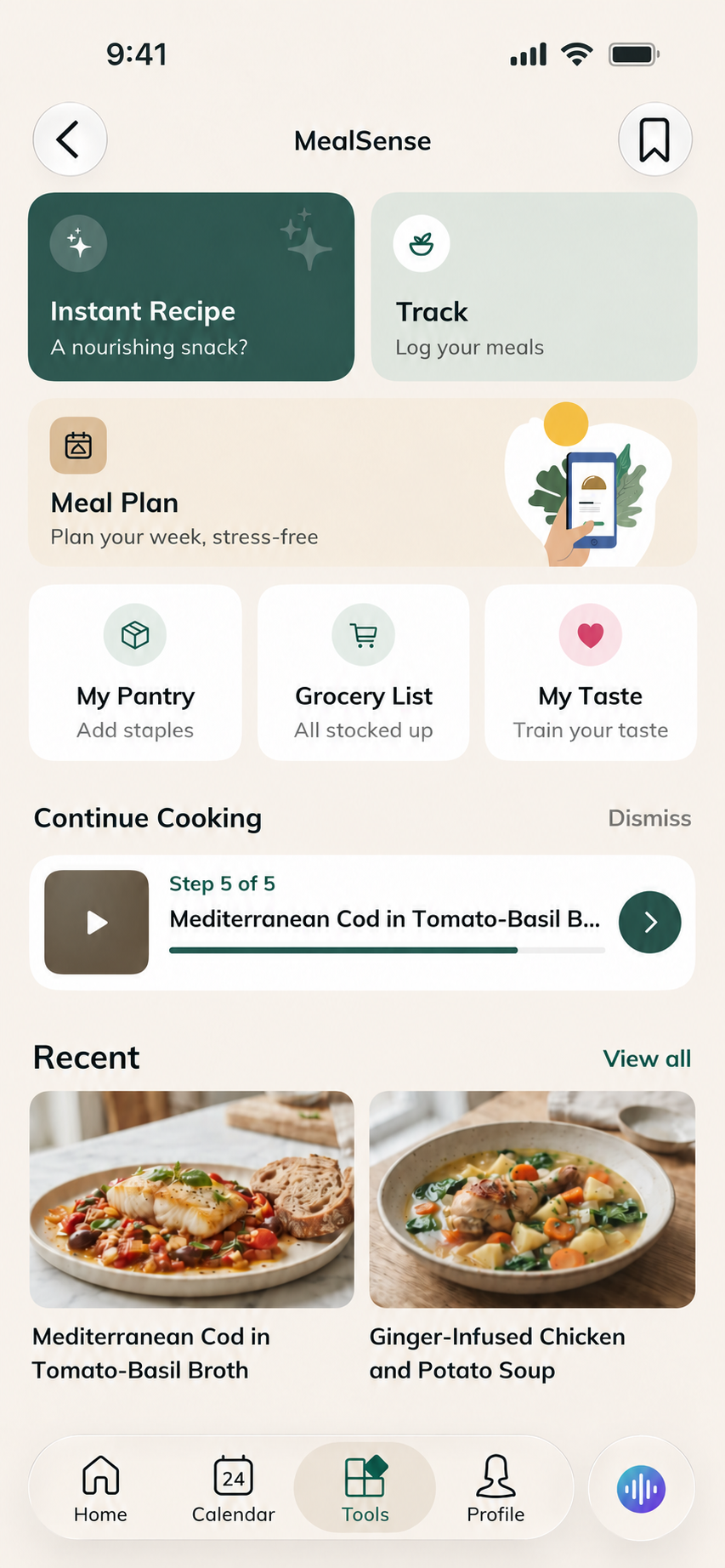 MealSense overview with recipe ideas, meal planning, cooking progress and recent meals.