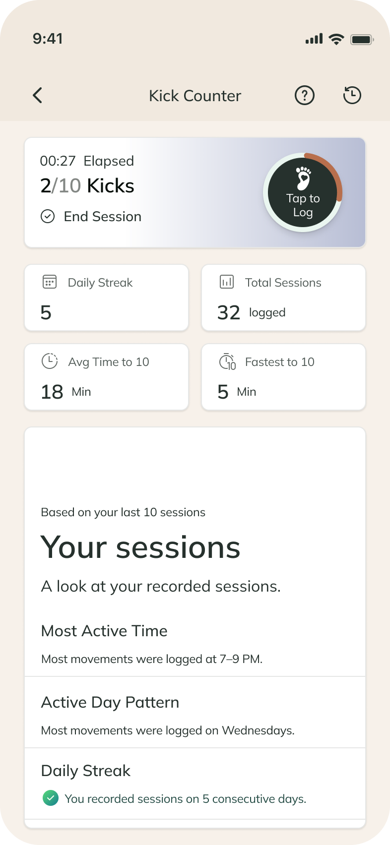 Kick Counter active session with a tap-to-log control, session totals and recorded movement history.