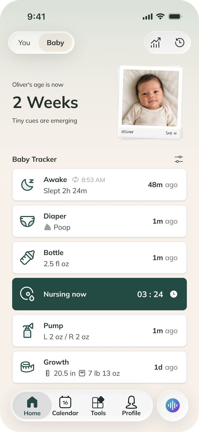 Postpartum Baby dashboard with a baby photo, two-week age and sleep, diaper, feeding, pumping and growth logs.