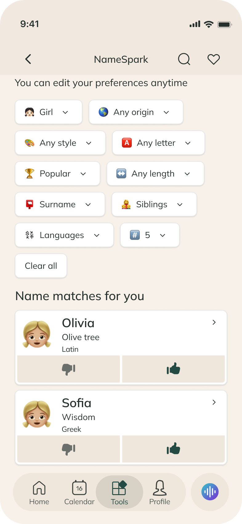 NameSpark filters and name results for Olivia and Sofia, with favorite controls.