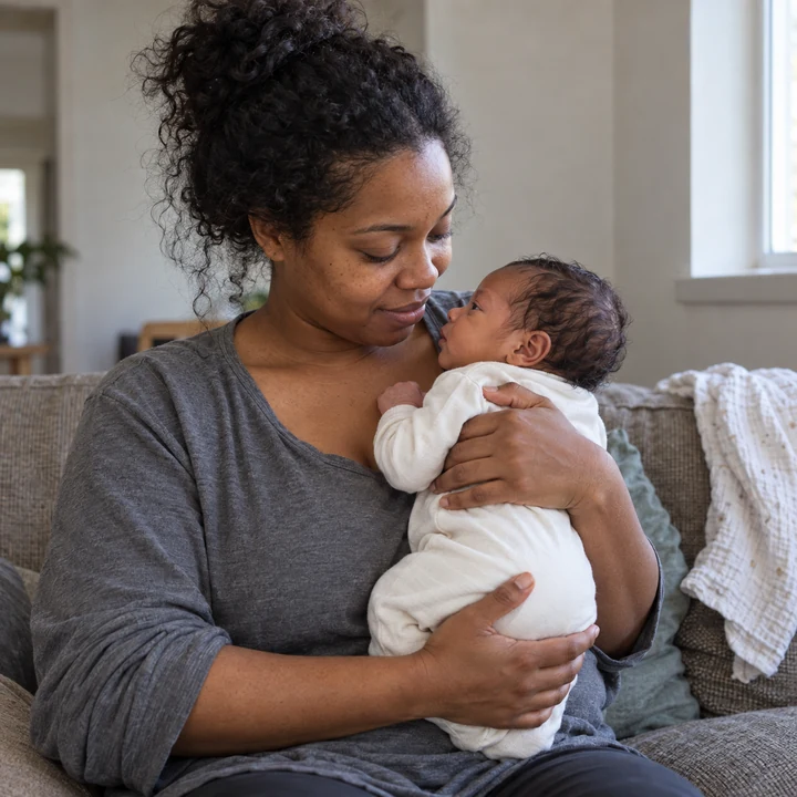 A mother holding her newborn close while seated on a sofa at home.