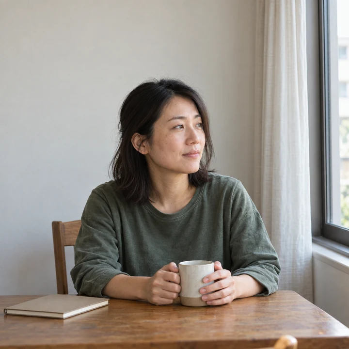 A woman holding a mug at her dining table during a quiet moment by the window.